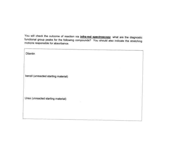 You will check the outcome of reaction via infra-red spectroscopy: what are the diagnostic
functional group peaks for the following compounds? You should also indicate the stretching
motions responsible for absorbance.
Dilantin
benzil (unreacted starting material)
Urea (unreacted starting material)
