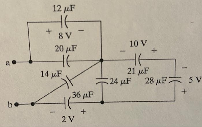 a
be
+
12 μF
HE
8 V
20 μF
HE
14 F
카
-
36 μF
2 V
+
10 V
HE
21 μF
24 μF
+
28 μF 5 V
+