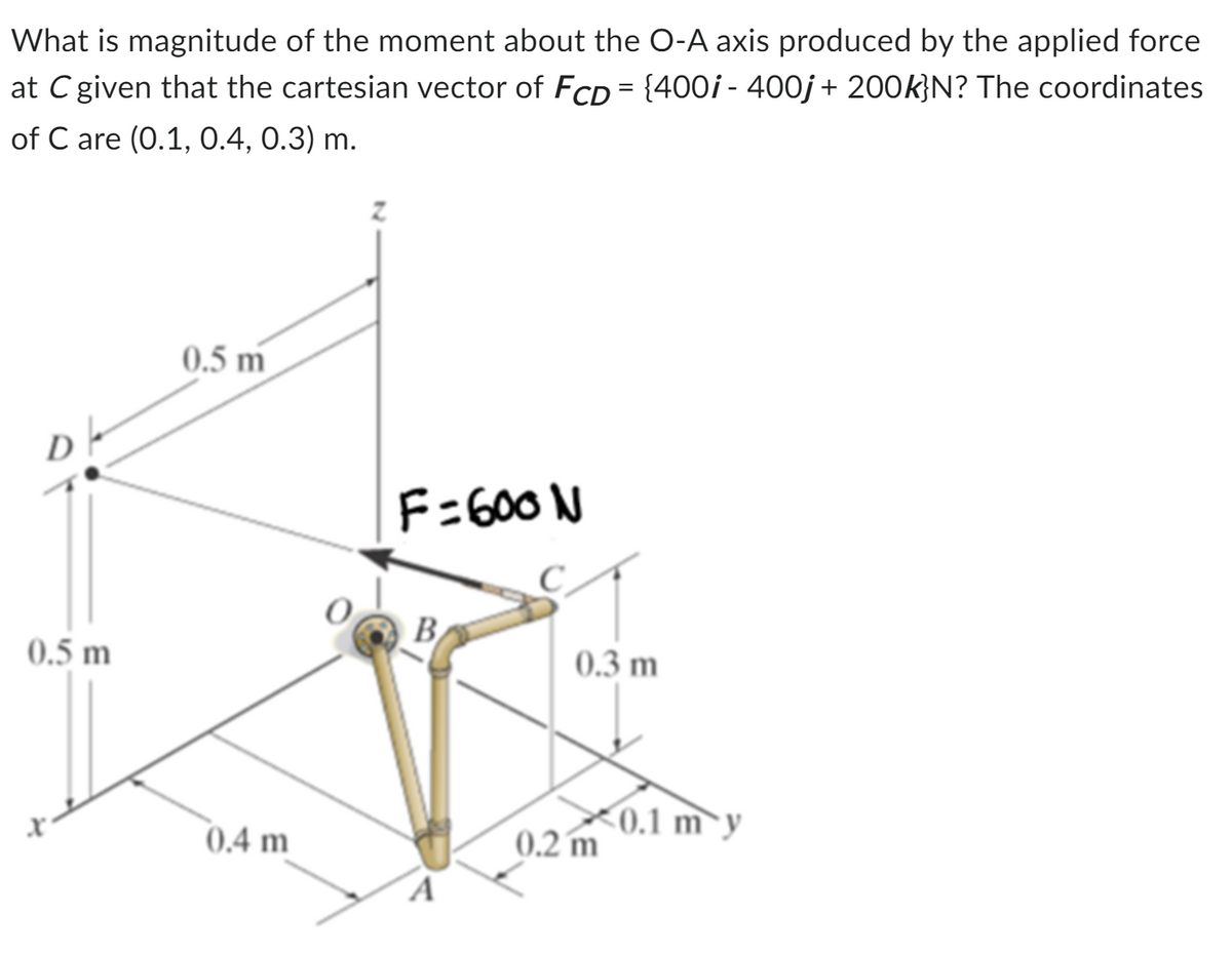 What is magnitude of the moment about the O-A axis produced by the applied force
at C given that the cartesian vector of FCD = {400i-400j + 200k}N? The coordinates
of C are (0.1, 0.4, 0.3) m.
0.5 m
0.5 m
0.4 m
F=600 N
B
0.3 m
0.2 m
0.1 my