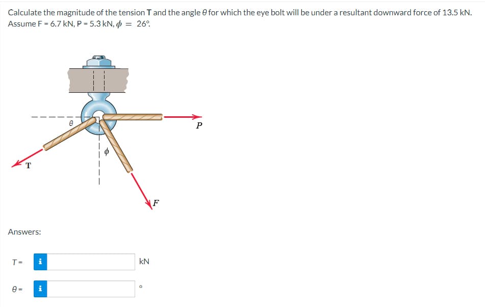 Calculate the magnitude of the tension T and the angle 0 for which the eye bolt will be under a resultant downward force of 13.5 kN.
Assume F = 6.7 kN, P = 5.3 kN, = 26°
Answers:
T =
0=
i
i
kN
0
F
P