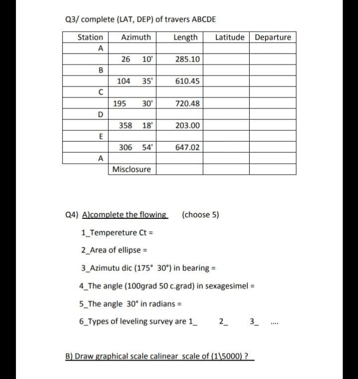 Q3/ complete (LAT, DEP) of travers ABCDE
Station
Azimuth
Length
Latitude
Departure
A
26
10'
285.10
104
35'
610.45
195
30'
720.48
358 18'
203.00
306 54'
647.02
A
Misclosure
Q4) Alcomplete the flowing (choose 5)
1 Tempereture Ct =
2_Area of ellipse =
3 Azimutu dic (175 30°) in bearing =
4_The angle (100grad 50 c.grad) in sexagesimel =
5_The angle 30° in radians =
6 Types of leveling survey are 1_
2_
3_
B) Draw graphical scale calinear scale of (1\5000) ?
