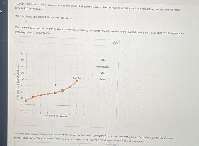 Is
Suppose Edison runs a small business that manufactures frying pans. Assume that the market for frying pans is a competitive market, and the market
price is $20 per frying pan.
The following graph shows Edison's total cost curve.
Use the blue points (circle symbol) to plot total revenue and the green points (triangle symbol) to plot profit for frying pans quantities zero through seven
(inclusive) that Edison produces.
TOTAL COST AND REVENUE (Dolars)
200
175
150
125
100
50
0
-25
0
O
2
3
4
6
QUANTITY (Frying pans)
Total Cost
Total Revenue
A
Profit
?
Calculate Edison's marginal revenue and marginal cost for the first seven frying pans he produces, and plot them on the following graph. Use the blue
points (circle symbol) to plot marginal revenue and the orange points (square symbol) to plot marginal cost at each quantity.
