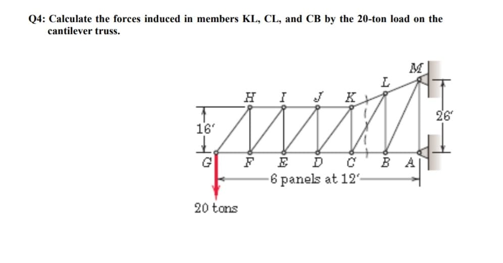 Q4: Calculate the forces induced in members KL, CL, and CB by the 20-ton load on the
cantilever truss.
M
L.
K
26
16'
G
E
B A
6 panels at 12
20 tons
