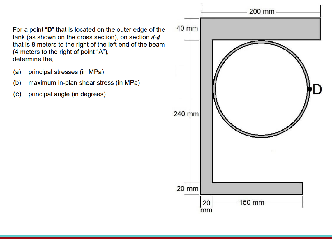 For a point "D" that is located on the outer edge of the
tank (as shown on the cross section), on section d-d
that is 8 meters to the right of the left end of the beam
(4 meters to the right of point "A"),
determine the,
(a)
principal stresses (in MPa)
(b) maximum in-plan shear stress (in MPa)
(c) principal angle (in degrees)
40 mm
240 mm
20 mm
20
mm
200 mm
150 mm
D