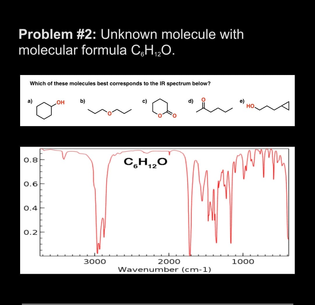 Problem # 2: Unknown molecule with
molecular formula CoH₁₂O.
12
Which of these molecules best corresponds to the IR spectrum below?
a)
0.8
0.6
0.4
0.2
OH
b)
3000
C6H₁2O
12
2000
d)
Wavenumber (cm-1)
e)
HO.
1000