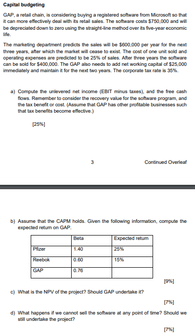 Capital budgeting
GAP, a retail chain, is considering buying a registered software from Microsoft so that
it can more effectively deal with its retail sales. The software costs $750,000 and will
be depreciated down to zero using the straight-line method over its five-year economic
life.
The marketing department predicts the sales will be $600,000 per year for the next
three years, after which the market will cease to exist. The cost of one unit sold and
operating expenses are predicted to be 25% of sales. After three years the software
can be sold for $400,000. The GAP also needs to add net working capital of $25,000
immediately and maintain it for the next two years. The corporate tax rate is 35%.
a) Compute the unlevered net income (EBIT minus taxes), and the free cash
flows. Remember to consider the recovery value for the software program, and
the tax benefit or cost. (Assume that GAP has other profitable businesses such
that tax benefits become effective.)
[25%]
3
Continued Overleaf
b) Assume that the CAPM holds. Given the following information, compute the
expected return on GAP.
Beta
Expected return
Pfizer
1.40
25%
Reebok
0.60
15%
GAP
0.76
c) What is the NPV of the project? Should GAP undertake it?
[9%]
[7%]
d) What happens if we cannot sell the software at any point of time? Should we
still undertake the project?
[7%]