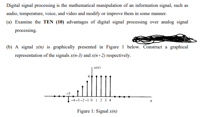 Digital signal processing is the mathematical manipulation of an information signal, such as
audio, temperature, voice, and video and modify or improve them in some manner.
(a) Examine the TEN (10) advantages of digital signal processing over analog signal
processing.
(b) A signal x(n) is graphically presented in Figure 1 below. Construct a graphical
representation of the signals x(n-3) and x(n+2) respectively.
| x(n)
-4-3 –2-1 0 1 2 3 4
Figure 1: Signal x(n)
