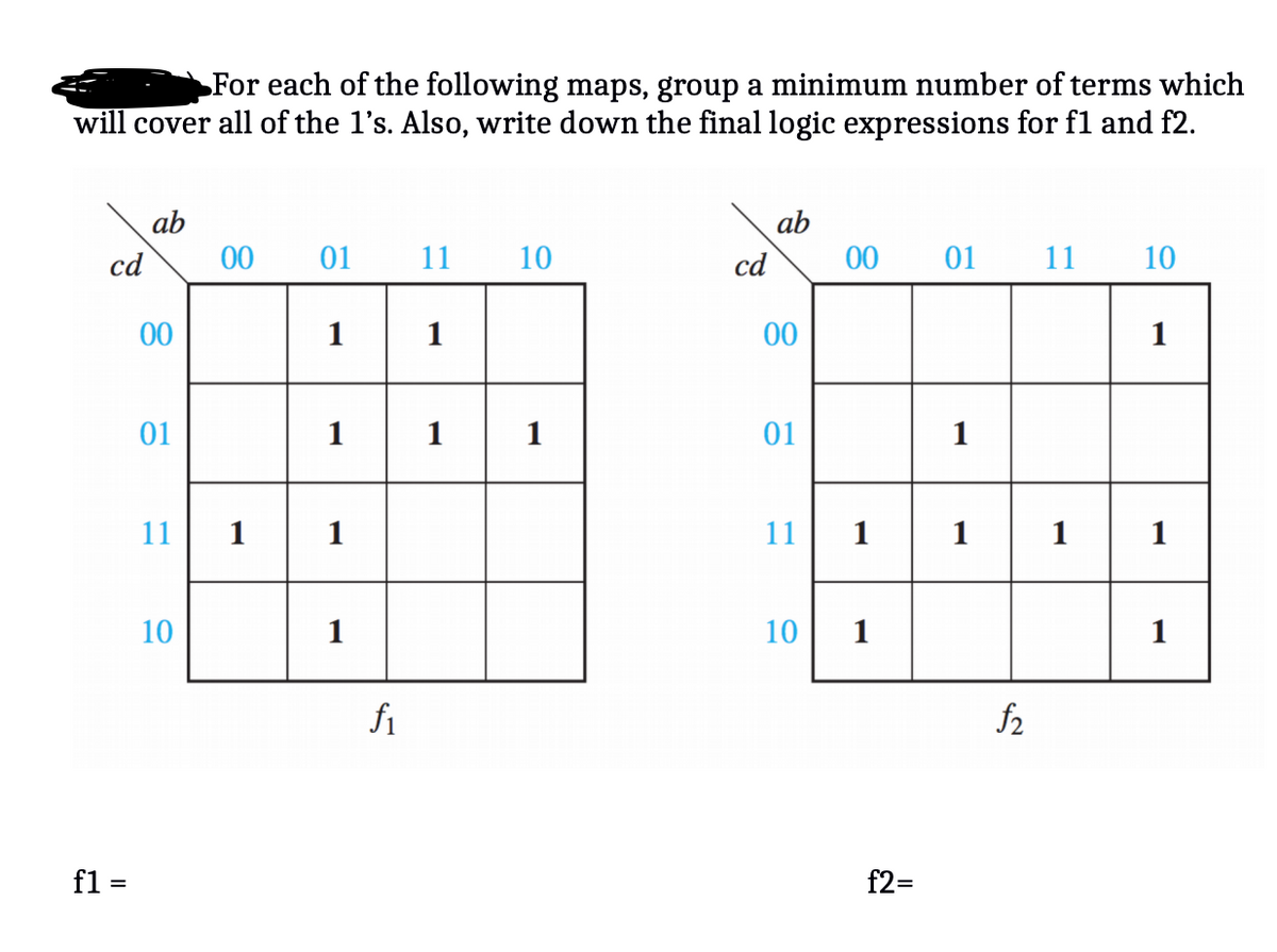 For each of the following maps, group a minimum number of terms which
will cover all of the 1's. Also, write down the final logic expressions for f1 and f2.
ab
ab
cd
00
01
11
10
cd
00
01
11
10
00
1
1
00
1
01
1
1
1
01
1
11
1
1
11
1
1
1
1
10
1
10
1
1
fi
f2
f1 =
f2=
