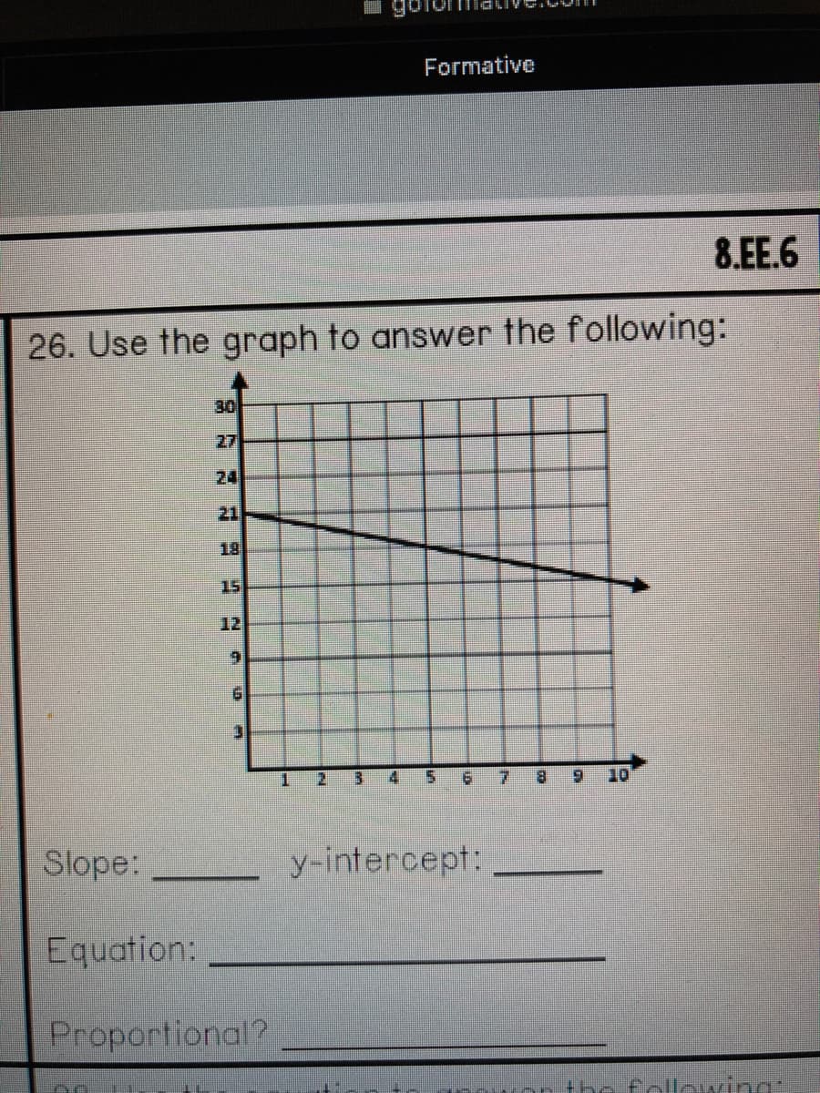 Formative
8.EE.6
26. Use the graph to answer the following:
30
27
24
21
19
15
12
6.
1.
4.
7.
6.
10
Slope:
y-intercept:
Equation:
Proportional?
wonthe following:
