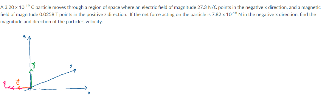 A 3.20 x 10-¹⁹ C particle moves through a region of space where an electric field of magnitude 27.3 N/C points in the negative x direction, and a magnetic
field of magnitude 0.0258 T points in the positive z direction. If the net force acting on the particle is 7.82 x 10-18 N in the negative x direction, find the
magnitude and direction of the particle's velocity.
FACE
Z
y