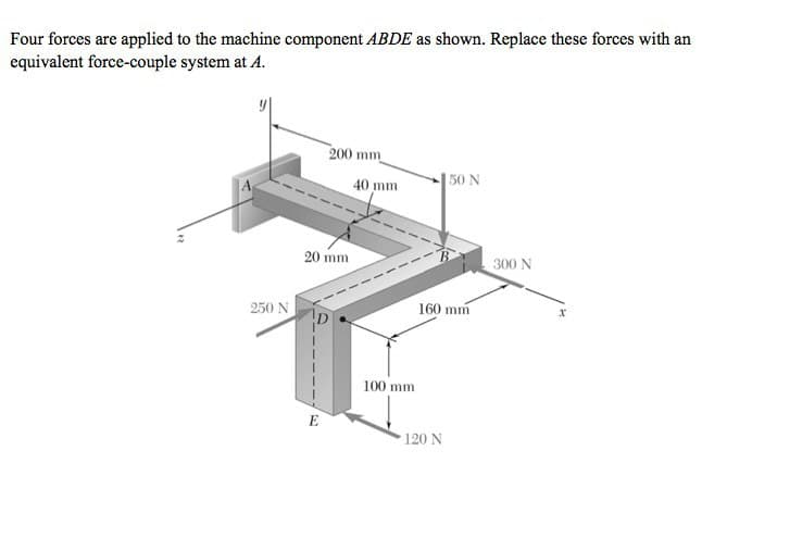 Four forces are applied to the machine component ABDE as shown. Replace these forces with an
equivalent force-couple system at A.
250 N
200 mm
20 mm
E
40 mm
100 mm
50 N
160 mm
120 N
300 N
X