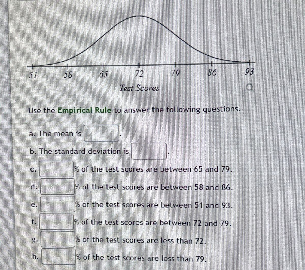 51 58
65
653
72
79
86
93
Test Scores
Use the Empirical Rule to answer the following questions.
a. The mean is
b. The standard deviation is
d.
e.
% of the test scores are between 65 and 79.
% of the test scores are between 58 and 86.
% of the test scores are between 51 and 93.
% of the test scores are between 72 and 79.
% of the test scores are less than 72.
f.
g.
h.
% of the test scores are less than 79.