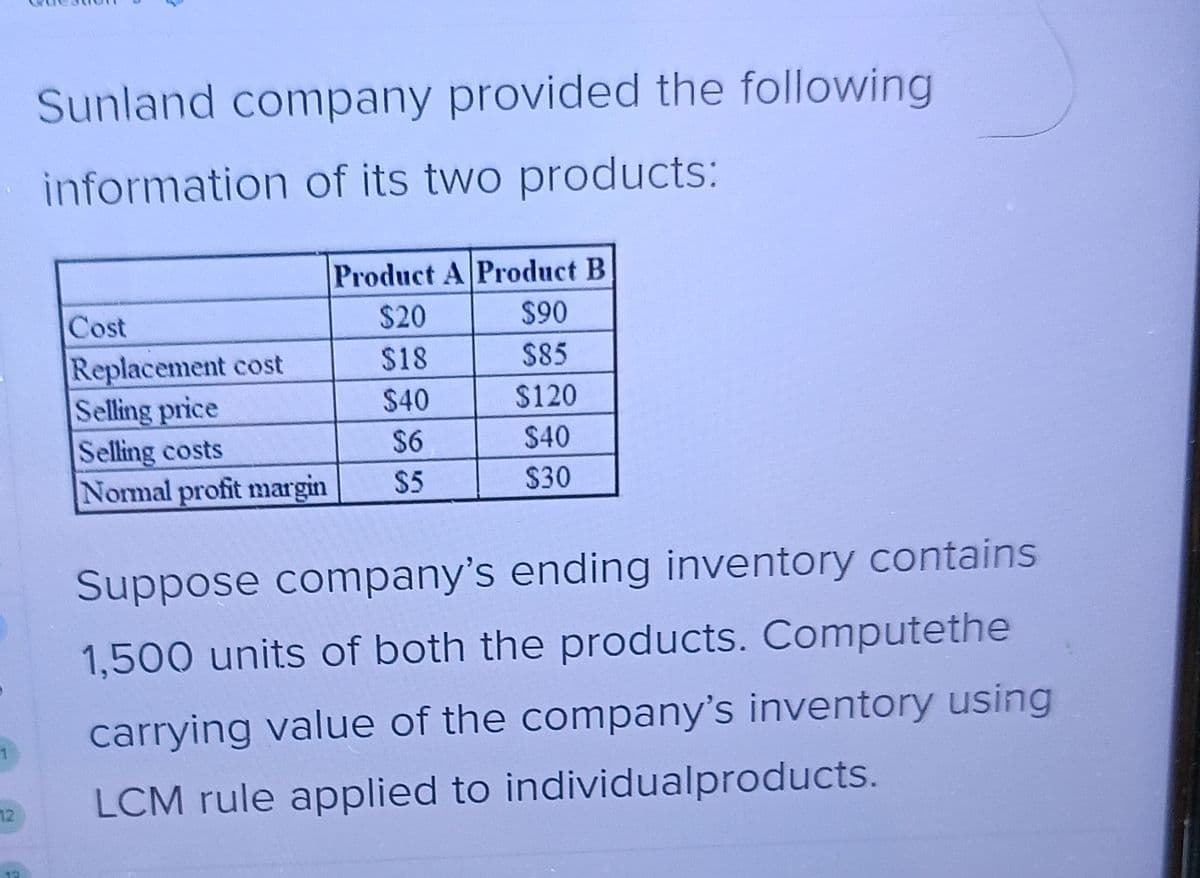 Sunland company provided the following
information of its two products:
Product A Product B
Cost
$20
$90
Replacement cost
$18
$85
Selling price
$40
$120
Selling costs
$6
$40
Normal profit margin
$5
$30
1
12
Suppose company's ending inventory contains
1,500 units of both the products. Computethe
carrying value of the company's inventory using
LCM rule applied to individual products.
12