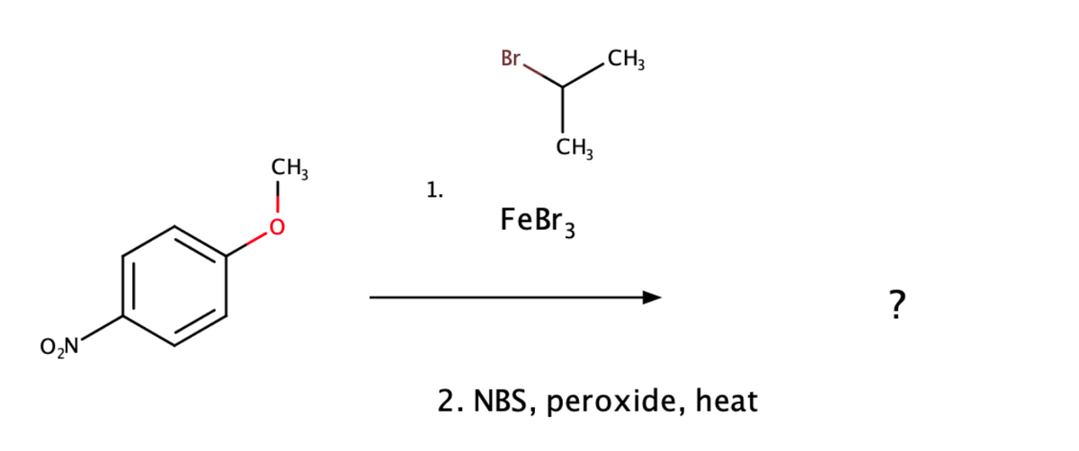 O₂N
CH3
1.
Br.
CH3
.CH3
FeBr 3
2. NBS, peroxide, heat
?
