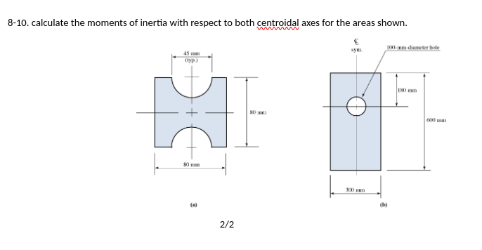 8-10. calculate the moments of inertia with respect to both centroidal axes for the areas shown.
80 mm
(a)
2/2
3D aud
sym
300 mm
100-mm-diameter hole
(b)
180 mm
600 mm
