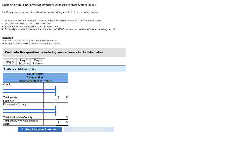 Exercise 4-11A (Algo) Effect of inventory losses: Perpetual system LO 4-5
Ho Designs experienced the following events during Year 1, Its first year of operation:
1. Started the business when it acquired $59,000 cash from the issue of common stock.
2. Paid $21,900 cash to purchase inventory.
3. Sold Inventory costing $11,500 for $28,300 cash.
1. Physically counted Inventory; had inventory of $7,100 on hand at the end of the accounting period.
Required
a. Record the events in the T-accounts provided.
b. Prepare an income statement and balance sheet.
Complete this question by entering your answers in the tabs below.
Req B Req B
Req A
Income
Balance
Prepare a balance sheet.
Assets
HO DESIGNS
Balance Sheet
As of December 31, Year 1
Total assets
Liabilities
Stockholders' equity
Total stockholders' equity
Total liability and stockholders'
equity
$ 0
$
< Req B Income Statement
0
0
Req B Balance Sheet >