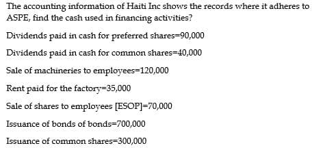 The accounting information of Haiti Inc shows the records where it adheres to
ASPE, find the cash used in financing activities?
Dividends paid in cash for preferred shares=90,000
Dividends paid in cash for common shares=40,000
Sale of machineries to employees=120,000
Rent paid for the factory=35,000
Sale of shares to employees [ESOP]=70,000
Issuance of bonds of bonds=700,000
Issuance of common shares=300,000