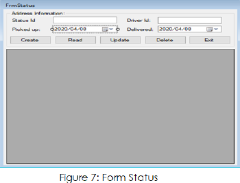 FrmStatus
Address nformation:
Status ld
Driver ld.
Picked up:
d2020-04/00
Delivered: 2020/04/00
Create
Read
Update
Delete
Ext
Figure 7: Form Status
