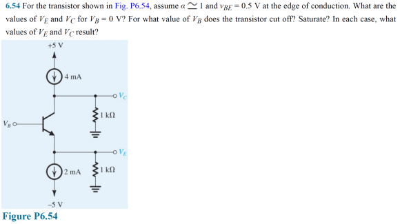 6.54 For the transistor shown in Fig. P6.54, assume a 2l and vgE = 0.5 V at the edge of conduction. What are the
values of Vg and Vc for VB = 0 V? For what value of Vg does the transistor cut off? Saturate? In each case, what
values of Vg and Veresult?
+5 V
4 mA
I kn
2 mA
I kn
-5 V
Figure P6.54
