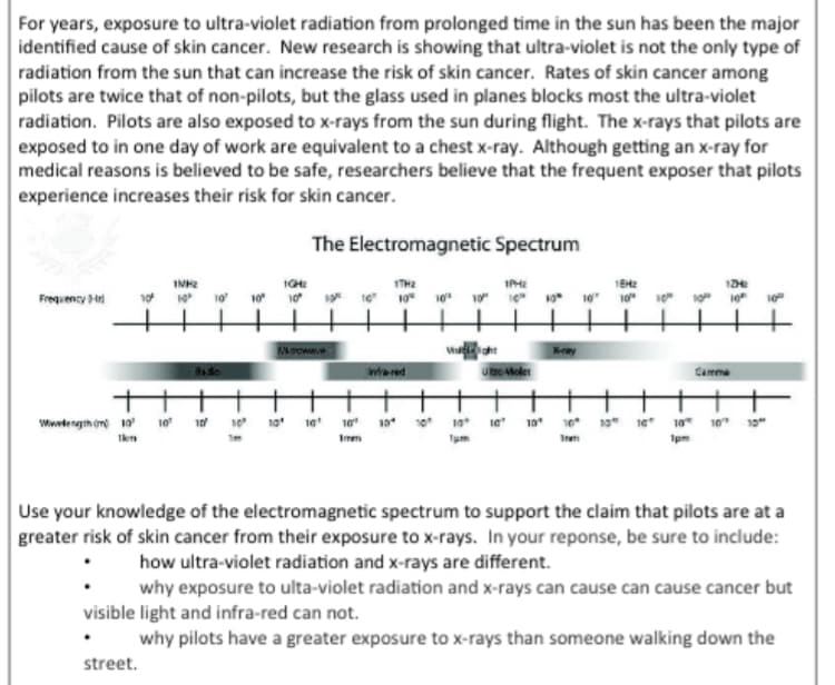 For years, exposure to ultra-violet radiation from prolonged time in the sun has been the major
identified cause of skin cancer. New research is showing that ultra-violet is not the only type of
radiation from the sun that can increase the risk of skin cancer. Rates of skin cancer among
pilots are twice that of non-pilots, but the glass used in planes blocks most the ultra-violet
radiation. Pilots are also exposed to x-rays from the sun during flight. The x-rays that pilots are
exposed to in one day of work are equivalent to a chest x-ray. Although getting an x-ray for
medical reasons is believed to be safe, researchers believe that the frequent exposer that pilots
experience increases their risk for skin cancer.
The Electromagnetic Spectrum
IMHE
IGHE
Fregiency r
10
10 10
1e 10 10" 10
10
10"
Camme
wened
Wwwdengih in 10 10 10 1 10 10 10 10
o* 10* 10 10 10 19" 1e 10 1o
Ikm
Imm
Tum
Inm
Ipm
Use your knowledge of the electromagnetic spectrum to support the claim that pilots are at a
greater risk of skin cancer from their exposure to x-rays. In your reponse, be sure to include:
how ultra-violet radiation and x-rays are different.
why exposure to ulta-violet radiation and x-rays can cause can cause cancer but
visible light and infra-red can not.
why pilots have a greater exposure to x-rays than someone walking down the
street.
