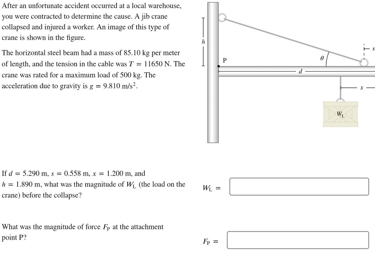 After an unfortunate accident occurred at a local warehouse,
you were contracted to determine the cause. A jib crane
collapsed and injured a worker. An image of this type of
crane is shown in the figure.
The horizontal steel beam had a mass of 85.10 kg per meter
of length, and the tension in the cable was T = 11650 N. The
crane was rated for a maximum load of 500 kg. The
acceleration due to gravity is g =
9.810 m/s².
If d = 5.290 m, s = 0.558 m, x = 1.200 m, and
h
h = 1.890 m, what was the magnitude of W₁ (the load on the
crane) before the collapse?
WL =
What was the magnitude of force Fp at the attachment
point P?
Fp=
=
S
|
Ꮎ
P
WL
X
