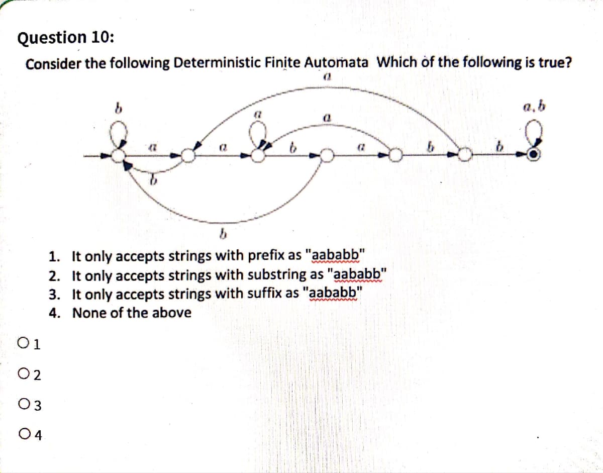 Question 10:
Consider the following Deterministic Finite Automata Which of the following is true?
01
02
03
04
b
(2
b
Q
(2
b
1. It only accepts strings with prefix as "aababb"
2. It only accepts strings with substring as "aababb"
3. It only accepts strings with suffix as "aababb"
4. None of the above
a.b