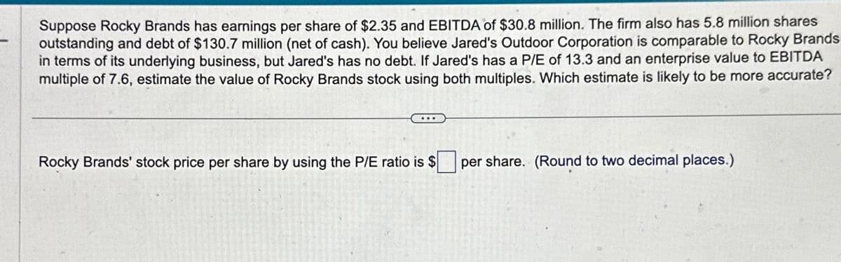 Suppose Rocky Brands has earnings per share of $2.35 and EBITDA of $30.8 million. The firm also has 5.8 million shares
outstanding and debt of $130.7 million (net of cash). You believe Jared's Outdoor Corporation is comparable to Rocky Brands
in terms of its underlying business, but Jared's has no debt. If Jared's has a P/E of 13.3 and an enterprise value to EBITDA
multiple of 7.6, estimate the value of Rocky Brands stock using both multiples. Which estimate is likely to be more accurate?
Rocky Brands' stock price per share by using the P/E ratio is $ per share. (Round to two decimal places.)