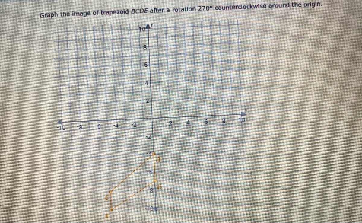 Graph the image of trapezoid BCDE after a rotation 270° counterclockwise around the origin.
10
8.
4.
2
器
10
10
9-
-4
-2
-2
--
10
