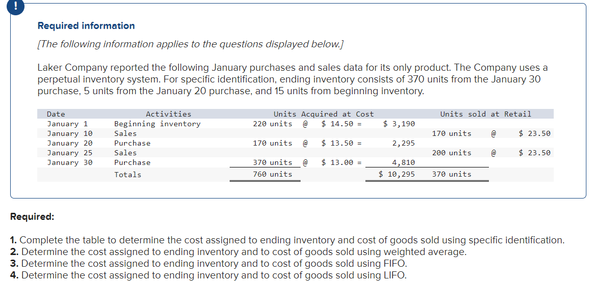 Required information
[The following information applies to the questions displayed below.]
Laker Company reported the following January purchases and sales data for its only product. The Company uses a
perpetual inventory system. For specific identification, ending inventory consists of 370 units from the January 30
purchase, 5 units from the January 20 purchase, and 15 units from beginning inventory.
Date
January 1
January 10
January 20
January 25
January 30
Activities
Beginning inventory
Sales
Purchase
Sales
Purchase
Totals
Units Acquired at Cost
220 units @ $14.50 =
170 units @
370 units @
760 units
$ 13.50 =
$ 13.00 =
$ 3,190
2,295
4,810
$ 10,295
Units sold at Retail
170 units @
200 units
370 units
@
$23.50
$23.50
Required:
1. Complete the table to determine the cost assigned to ending inventory and cost of goods sold using specific identification.
2. Determine the cost assigned to ending inventory and to cost of goods sold using weighted average.
3. Determine the cost assigned to ending inventory and to cost of goods sold using FIFO.
4. Determine the cost assigned to ending inventory and to cost of goods sold using LIFO.