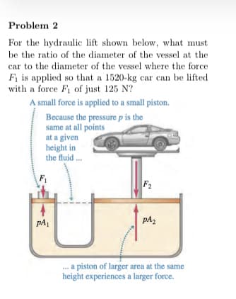 Problem 2
For the hydraulic lift shown below, what must
be the ratio of the diameter of the vessel at the
car to the diameter of the vessel where the force
F; is applied so that a 1520-kg car can be lifted
with a force F, of just 125 N?
A small force is applied to a small piston.
Because the pressure p is the
same at all points
at a given
height in
the fluid .
F2
pA
pA2
.. a piston of larger area at the same
height experiences a larger force.
