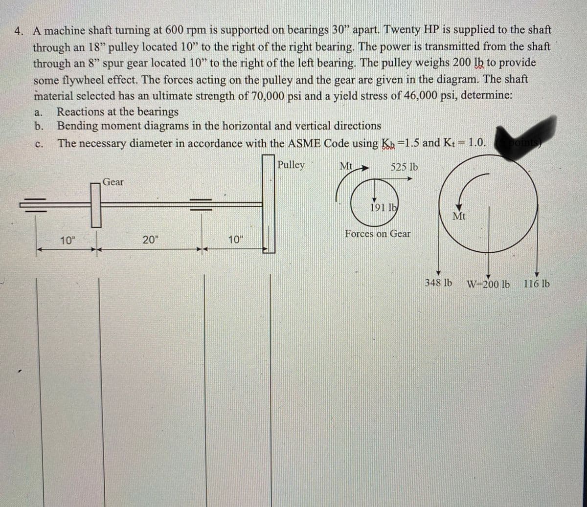 4. A machine shaft turning at 600 rpm is supported on bearings 30" apart. Twenty HP is supplied to the shaft
through an 18" pulley located 10" to the right of the right bearing. The power is transmitted from the shaft
through an 8" spur gear located 10" to the right of the left bearing. The pulley weighs 200 lb to provide
some flywheel effect. The forces acting on the pulley and the gear are given in the diagram. The shaft
material selected has an ultimate strength of 70,000 psi and a yield stress of 46,000 psi, determine:
Reactions at the bearings
b. Bending moment diagrams in the horizontal and vertical directions
a.
The necessary diameter in accordance with the ASME Code using Kh=1.5 and Kt = 1.0.
points)
с.
Pulley
Mt
525 lb
Gear
191 lb
Mt
Forces on Gear
10"
20"
10"
348 lb
W-200 lb
116 lb
