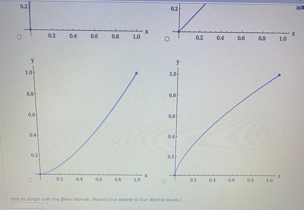 0.2
0.2
0.2
0.4
0.6
0.8
1.0
0.2
0.4
0.6
0.8
1.0
1.0-
1.0
0.8
0.8
0.6-
0.6
0.4
0.4
0.2
0.2
0.2
0.4
0.6
0.8
1.0
0.2
0.4
0.6
0.8
1.0
Find its length over the given interval. (Round your answer to four decimal places.)
