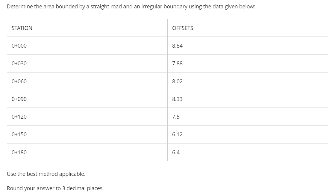 Determine the area bounded by a straight road and an irregular boundary using the data given below:
STATION
OFFSETS
0+000
8.84
0+030
7.88
0+060
8.02
0+090
8.33
0+120
7.5
0+150
6.12
0+180
6.4
Use the best method applicable.
Round your answer to 3 decimal places.