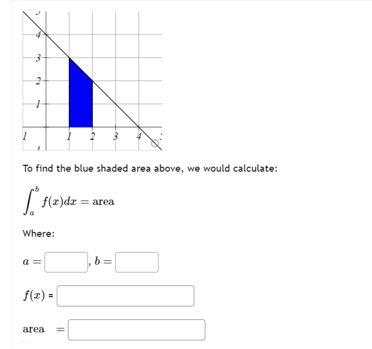 3
2
1
1
1 2 3
To find the blue shaded area above, we would calculate:
.b
C
a
f(x)dx = area
Where:
a
b =
f(x) =
area