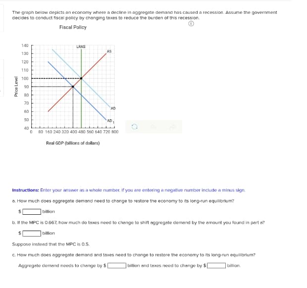 The graph below depicts an economy where a decline in aggregate demand has caused a recession. Assume the government
decides to conduct fiscal policy by changing toxes to reduce the burden of this recession.
Fiscal Policy
140
LRAS
AS
130
120
110
100
90
80
70
AD
60
50
AD,
40
80 160 240 320 400 480 560 640 720 800
Real GDP (billions of dollars)
Instructions: Enter your answer as a whole number. If you are entering a negative number include a minus sign.
a. How much does oggregate demanci need to change to restore the economy to its long-run equilbrilum?
billion
b. If the MPC is 0.667, how much do taxes need to change to shift aggregate demand by the amount you found in part a?
billion
Suppose instead that the MPC is 0.5.
C. How much does aggregate demand and taxes need to change to restore the economy to its long-run equilibrium?
Aggregate demand needs to change by $ [
billion and taxes need to change by $
billion.
Price Level
