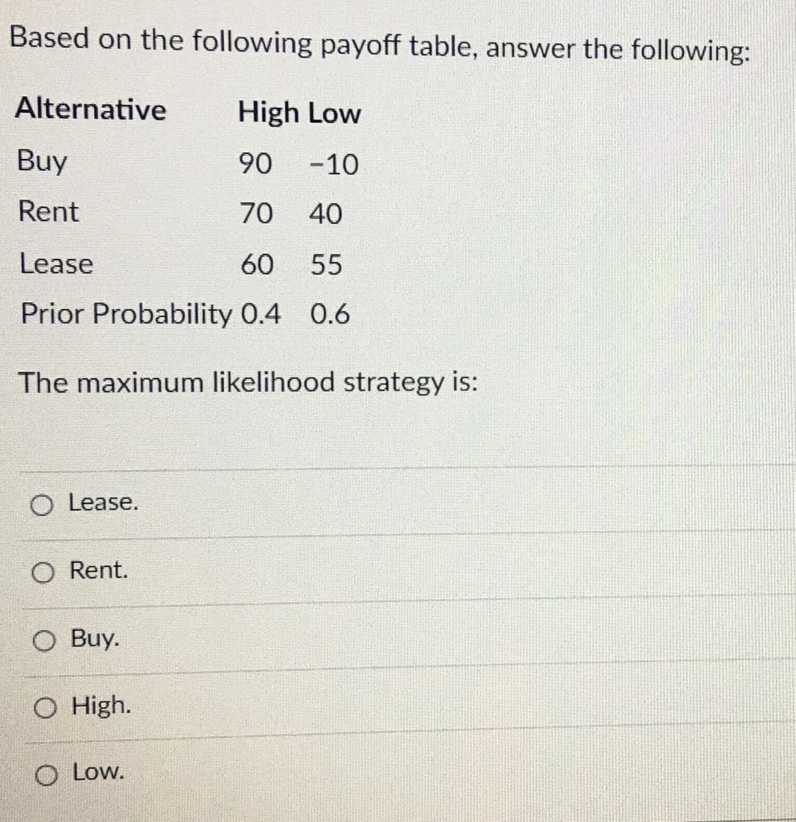 Based on the following payoff table, answer the following:
High Low
90
-10
70 40
Lease
60 55
Prior Probability 0.4 0.6
The maximum likelihood strategy is:
Alternative
Buy
Rent
O Lease.
Rent.
O Buy.
O High.
O Low.
