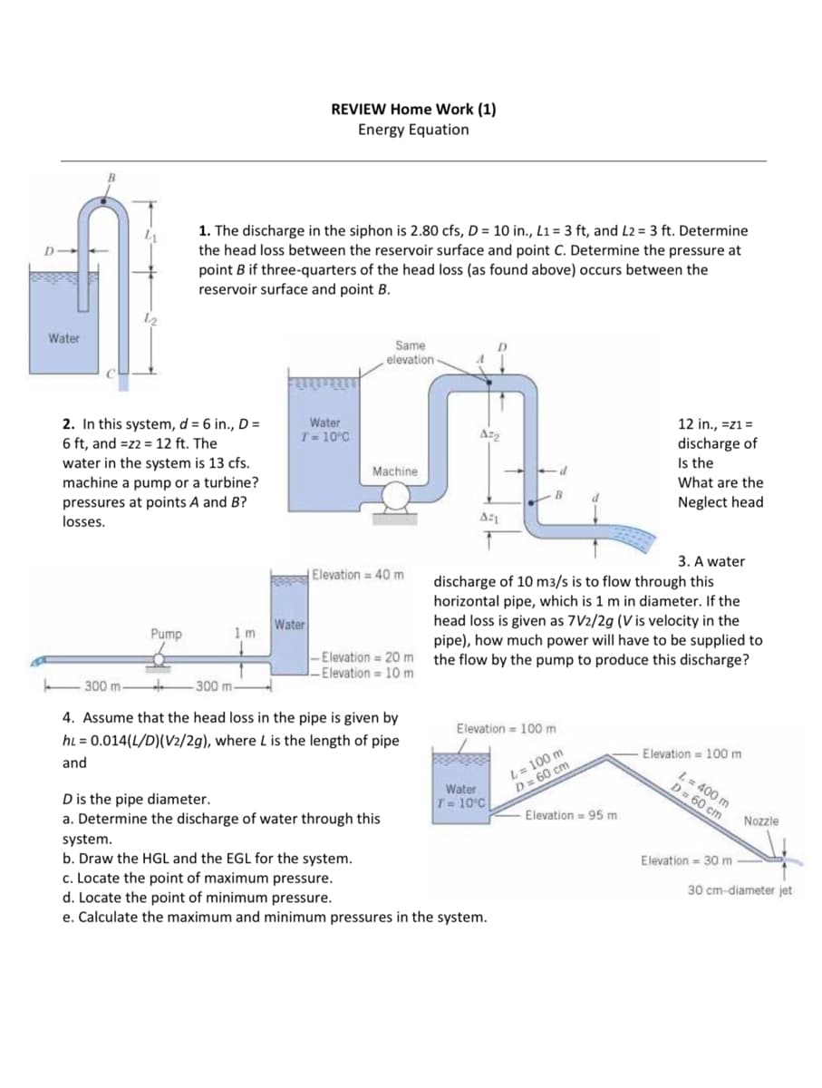 Water
2. In this system, d = 6 in., D =
6 ft, and =z2 = 12 ft. The
water in the system is 13 cfs.
machine a pump or a turbine?
pressures at points A and B?
losses.
Pump
1. The discharge in the siphon is 2.80 cfs, D = 10 in., L1 = 3 ft, and L2 = 3 ft. Determine
the head loss between the reservoir surface and point C. Determine the pressure at
point B if three-quarters of the head loss (as found above) occurs between the
reservoir surface and point B.
1 m
REVIEW Home Work (1)
Energy Equation
Water
T = 10ºC
REPPER
Water
Same
elevation
Machine
Elevation = 40 m
-Elevation = 20 m
Elevation 10 m
300 m
+
-300 m-
4. Assume that the head loss in the pipe is given by
hL = 0.014(L/D)(V2/2g), where L is the length of pipe
and
AZ₂
AFL
B
Elevation 100 m
L = 100 m
D = 60 cm
Water
T= 10°C
3. A water
discharge of 10 m3/s is to flow through this
horizontal pipe, which is 1 m in diameter. If the
head loss is given as 7V2/2g (V is velocity in the
pipe), how much power will have to be supplied to
the flow by the pump to produce this discharge?
D is the pipe diameter.
a. Determine the discharge of water through this
system.
b. Draw the HGL and the EGL for the system.
c. Locate the point of maximum pressure.
d. Locate the point of minimum pressure.
e. Calculate the maximum and minimum pressures in the system.
12 in., =z1 =
discharge of
Is the
Elevation 95 m
What are the
Neglect head
Elevation 100 m
L = 400 m
D = 60 cm
Elevation 30 m
Nozzle
30 cm-diameter jet