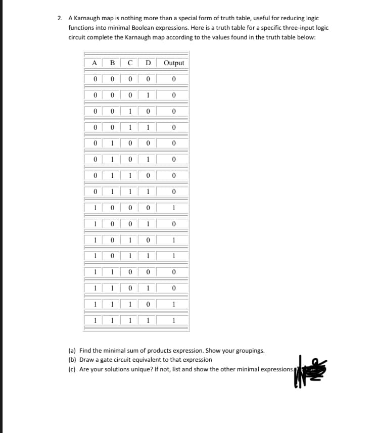 2. A Karnaugh map is nothing more than a special form of truth table, useful for reducing logic
functions into minimal Boolean expressions. Here is a truth table for a specific three-input logic
circuit complete the Karnaugh map according to the values found in the truth table below:
A
B
Output
1
1
1
1
1
1
1
1
1
1
1
1.
1
1
1.
1
1
1
1
1
1.
1
1
1
1
1
1
(a) Find the minimal sum of products expression. Show your groupings.
(b) Draw a gate circuit equivalent to that expression
(c) Are your solutions unique? If not, list and show the other minimal expressions1
