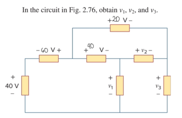 In the circuit in Fig. 2.76, obtain vị, v2, and v3.
+20 v -
40
V -
- G0 V +
+ v2 -
+
+
40 V
V1
V3
