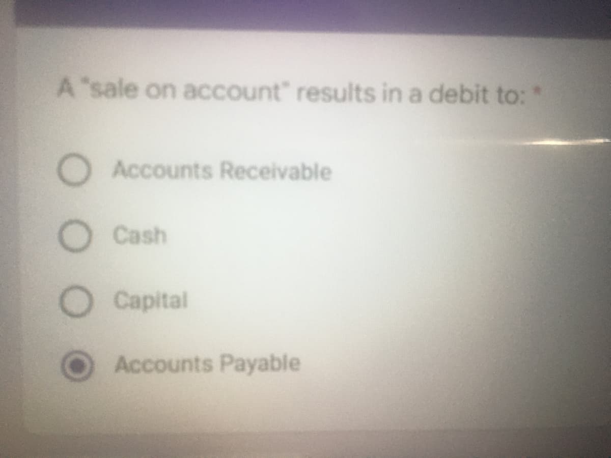 A "sale on account" results in a debit to:
Accounts Receivable
O Cash
O Capital
Accounts Payable
