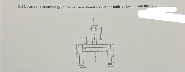 (L) Locate the centroid (y) of the cross-sectional area of the built-up beam from the bottom.
- Gomm-)
10mm
10mm
10mm
60mm.
www.o
10mn