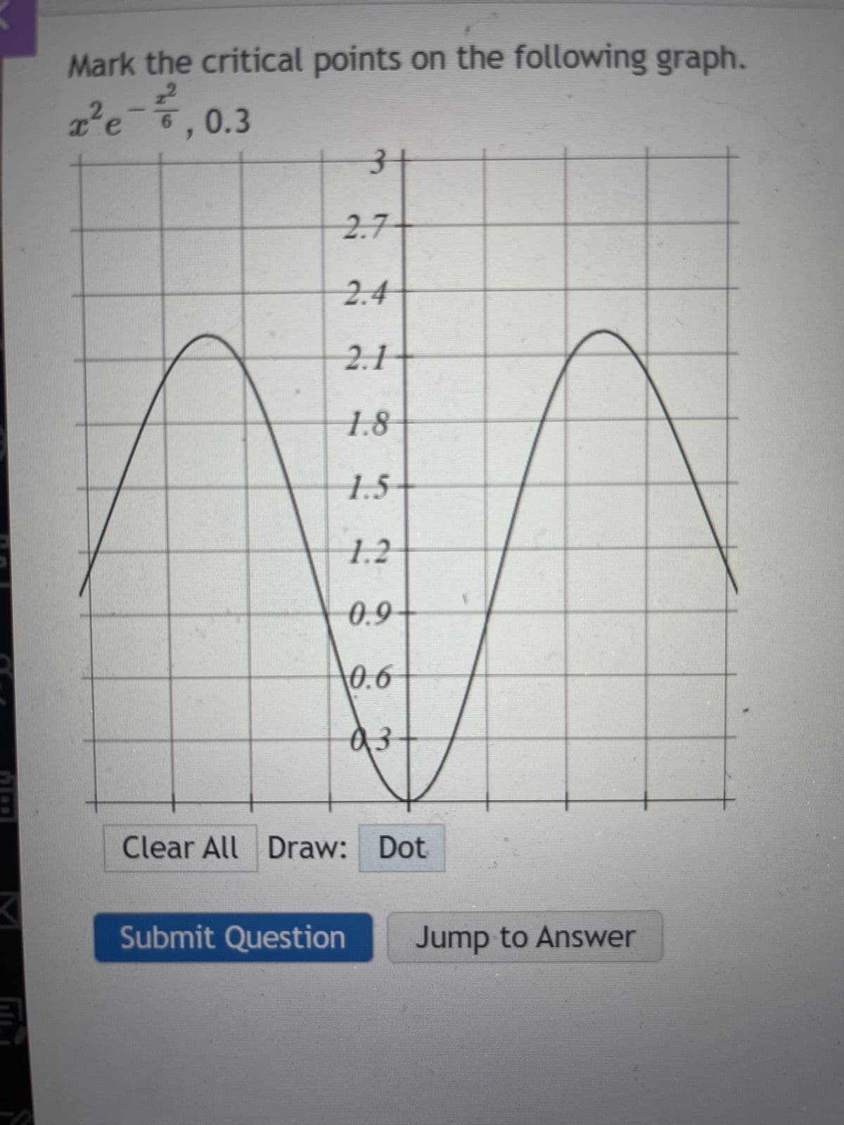 HAPE
Mark the critical points on the following graph.
z²e-,0.3
2
3+
2.7
2.4
2.1
1.8
1.5
1.2
0.9
0.6
A3
Clear All Draw: Dot
Submit Question
Jump to Answer