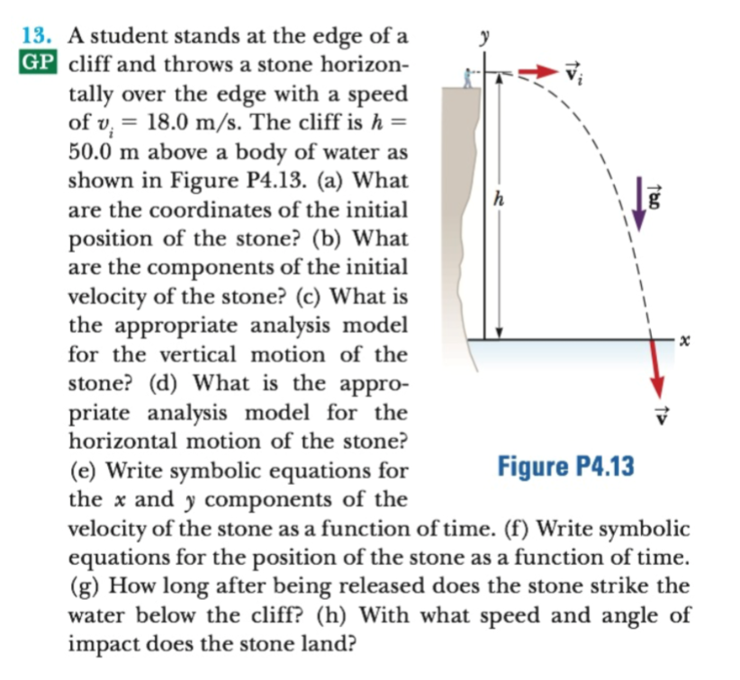 13. A student stands at the edge of a
GP cliff and throws a stone horizon-
tally over the edge with a speed
of v 18.0 m/s. The cliff is h =
50.0 m above a
body of water as
shown in Figure P4.13. (a) What
are the coordinates of the initial
h
position of the stone? (b) What
are the components of the initial
velocity of the stone? (c) What is
the appropriate analysis model
for the vertical motion of the
x
stone? (d) What is the appro-
priate analysis model for the
horizontal motion of the stone?
Figure P4.13
(e) Write symbolic equations for
the and y components of the
velocity of the stone as a function of time. (f) Write symbolic
equations for the position of the stone as a function of time
(g) How long after being released does the stone strike the
water below the cliff? (h) With what speed and angle of
impact does the stone land?
