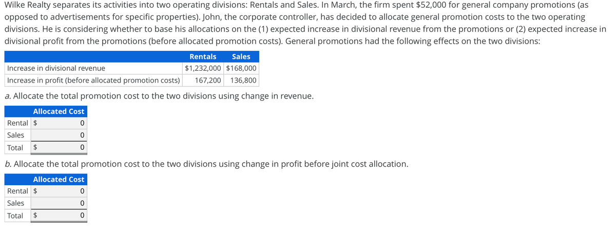 Wilke Realty separates its activities into two operating divisions: Rentals and Sales. In March, the firm spent $52,000 for general company promotions (as
opposed to advertisements for specific properties). John, the corporate controller, has decided to allocate general promotion costs to the two operating
divisions. He is considering whether to base his allocations on the (1) expected increase in divisional revenue from the promotions or (2) expected increase in
divisional profit from the promotions (before allocated promotion costs). General promotions had the following effects on the two divisions:
Rentals
Sales
Increase in divisional revenue
$1,232,000 $168,000
Increase in profit (before allocated promotion costs)
167,200 136,800
a. Allocate the total promotion cost to the two divisions using change in revenue.
Allocated Cost
Rental $
Sales
Total
$
b. Allocate the total promotion cost to the two divisions using change in profit before joint cost allocation.
Allocated Cost
Rental $
Sales
Total
