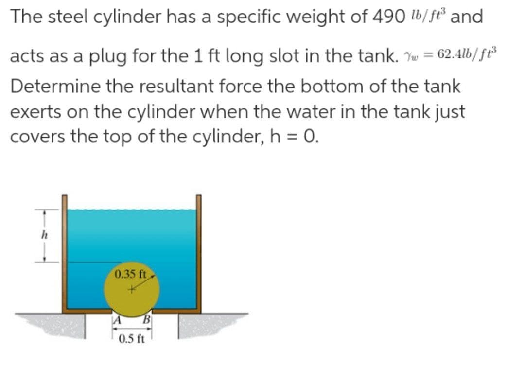 The steel cylinder has a specific weight of 490 lb/ ft° and
acts as a plug for the 1 ft long slot in the tank. Tw = 62.4lb/ ft³
Determine the resultant force the bottom of the tank
exerts on the cylinder when the water in the tank just
covers the top of the cylinder, h = 0.
h
0.35 ft
0.5 ft
