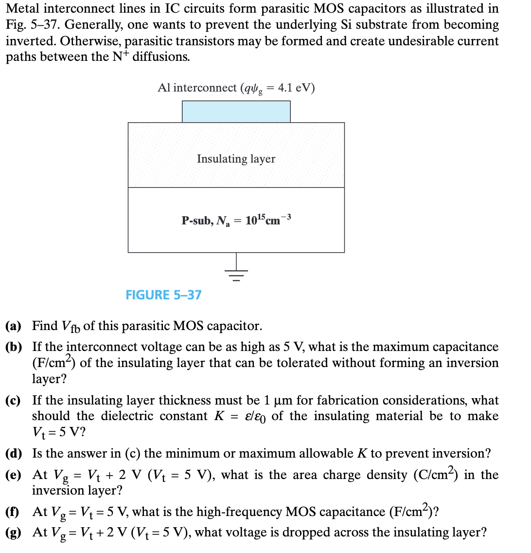 Metal interconnect lines in IC circuits form parasitic MOS capacitors as illustrated in
Fig. 5-37. Generally, one wants to prevent the underlying Si substrate from becoming
inverted. Otherwise, parasitic transistors may be formed and create undesirable current
paths between the N+ diffusions.
Al interconnect (qug = 4.1 eV)
Insulating layer
P-sub, N=1015 cr
-3
cm
FIGURE 5-37
(a) Find Vfb of this parasitic MOS capacitor.
(b) If the interconnect voltage can be as high as 5 V, what is the maximum capacitance
(F/cm²) of the insulating layer that can be tolerated without forming an inversion
layer?
(c) If the insulating layer thickness must be 1 μm for fabrication considerations, what
should the dielectric constant K = E/ε0 of the insulating material be to make
V₁ = 5 V?
(d) Is the answer in (c) the minimum or maximum allowable K to prevent inversion?
(e) At Vg = V₁ + 2 V (V₁ = 5 V), what is the area charge density (C/cm²) in the
inversion layer?
(f) At Vg = V₁ = 5 V, what is the high-frequency MOS capacitance (F/cm²)?
t
(g) At Vg = V₁ +2 V (V₁ = 5 V), what voltage is dropped across the insulating layer?