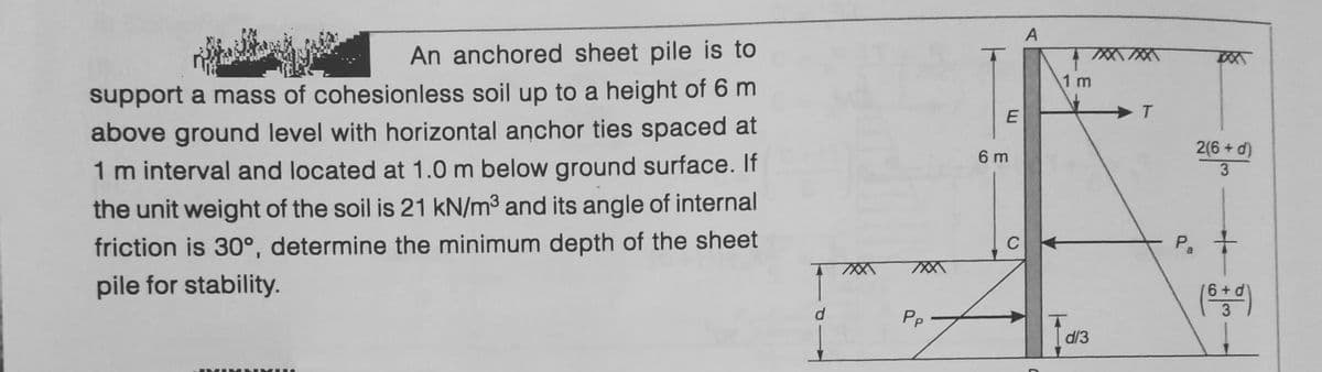An anchored sheet pile is to
support a mass of cohesionless soil up to a height of 6 m
above ground level with horizontal anchor ties spaced at
1 m interval and located at 1.0 m below ground surface. If
the unit weight of the soil is 21 kN/m³ and its angle of internal
friction is 30°, determine the minimum depth of the sheet
pile for stability.
Pp
E
6 m
C
A
1 m
d/3
T
2(6+d)
3
P. +