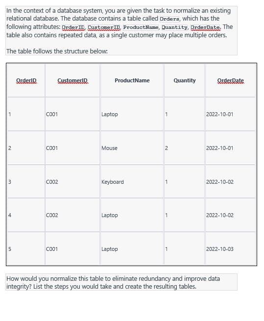 In the context of a database system, you are given the task to normalize an existing
relational database. The database contains a table called Ordera, which has the
following attributes: OrderII, CustomerII, ProductName, Quantity, OrderDate. The
table also contains repeated data, as a single customer may place multiple orders.
The table follows the structure below:
2
3
4
Ln
5
Order D
C001
SustemetID.
C001
C002
C002
C001
ProductName
Laptop
Mouse
Keyboard
Laptop
Laptop
1
2
1
1
1
Quantity
Order Date
2022-10-01
2022-10-01
2022-10-02
2022-10-02
2022-10-03
How would you normalize this table to eliminate redundancy and improve data
integrity? List the steps you would take and create the resulting tables.