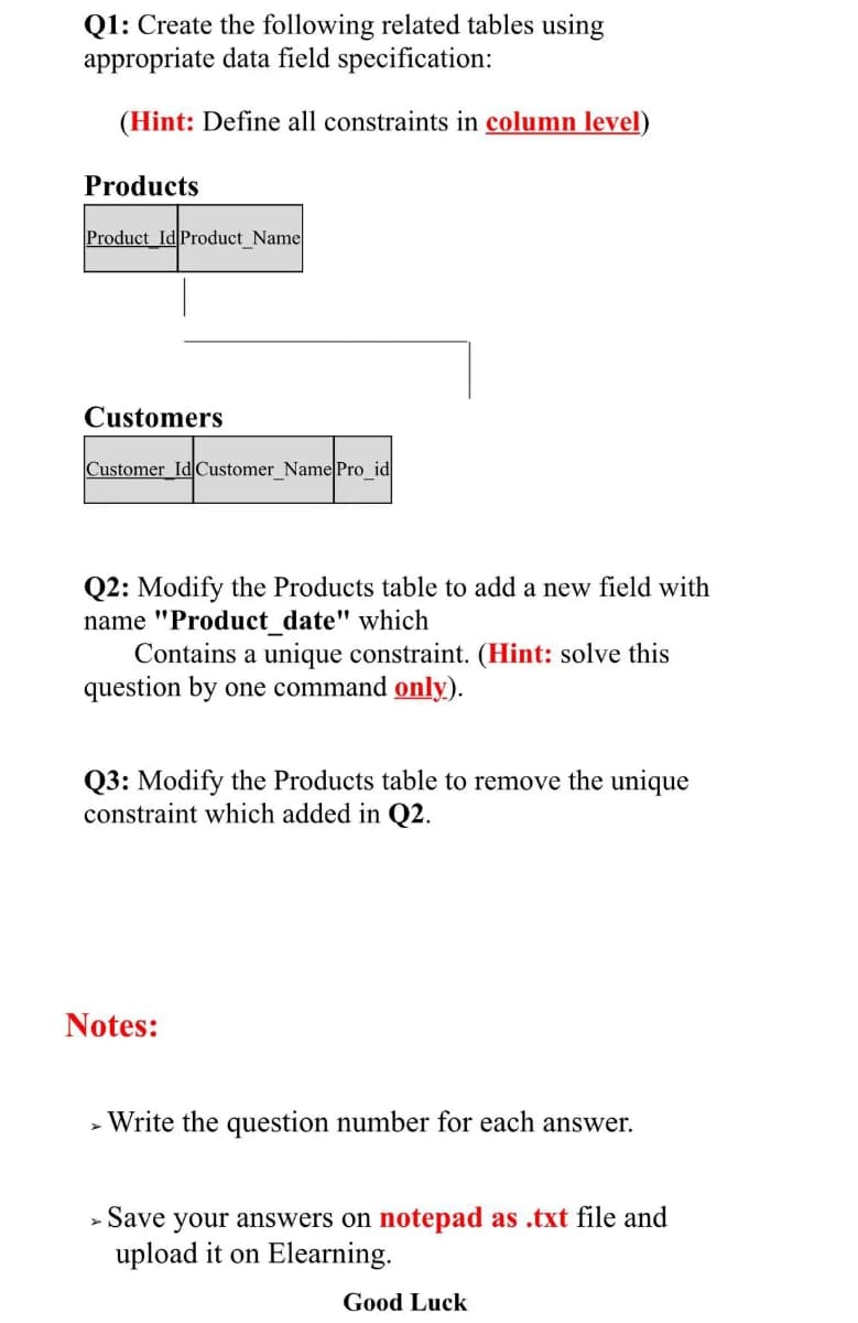 Q1: Create the following related tables using
appropriate data field specification:
(Hint: Define all constraints in column level)
Products
Product Id Product Name
Customers
Customer Id Customer_Name Pro_id
Q2: Modify the Products table to add a new field with
name "Product date" which
Contains a unique constraint. (Hint: solve this
question by one command only).
Q3: Modify the Products table to remove the unique
constraint which added in Q2.
Notes:
Write the question number for each answer.
Save your answers on notepad as .txt file and
upload it on Elearning.
Good Luck
