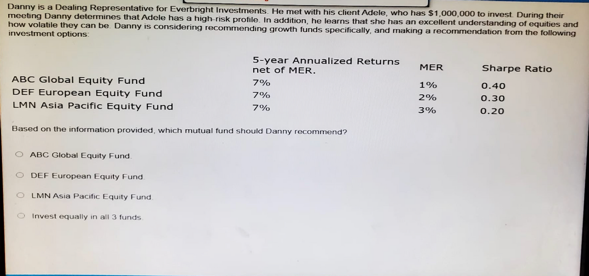 Danny is a Dealing Representative for Everbright Investments. He met with his client Adele, who has $1,000,000 to invest. During their
meeting Danny determines that Adele has a high-risk profile. In addition, he learns that she has an excellent understanding of equities and
how volatile they can be. Danny is considering recommending growth funds specifically, and making a recommendation from the following
investment options:
5-year Annualized Returns
net of MER.
MER
Sharpe Ratio
ABC Global Equity Fund
DEF European Equity Fund
7%
1%
0.40
7%
2%
0.30
LMN Asia Pacific Equity Fund
7%
3%
0.20
Based on the information provided, which mutual fund should Danny recommend?
ABC Global Equity Fund.
O DEF European Equity Fund.
OLMN Asia Pacific Equity Fund.
O Invest equally in all 3 funds